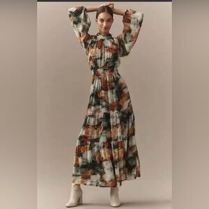 Anthropologie The Somerset Maxi Dress Long-Sleeve Mock-Neck Chiffon Floral XS
